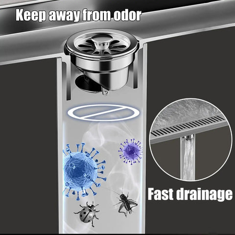 Linear Shower Drain With Hair Catcher, Heavy Gauge Stainless Steel Rectangular Design For Bathroom Floor, showing fast drainage feature.