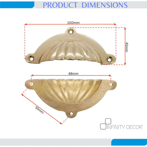 Polished Brass Cup Pull Cabinet Handle For Drawers And Doors, Cup Shell Design, 100mm length, 45mm width dimensions shown