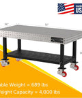 Kickass Pro Grade Heavy Duty Welding Fixture Table 72 By 36 By 36 Inches showing precision laser cut grid and swivel casters.