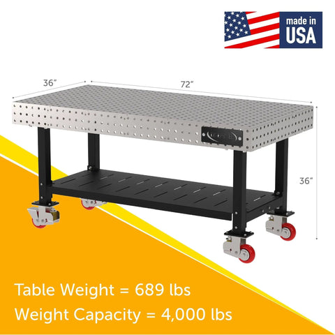 Kickass Pro Grade Heavy Duty Welding Fixture Table 72 By 36 By 36 Inches showing precision laser cut grid and swivel casters.
