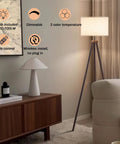 Cordless Battery Powered Floor Lamp With Remote Control Dimmable Tripod Lamp with LED Linen Shade in living room setting