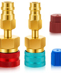 R1234YF to R134A Quick Coupler Kit with Blue Low Side and Red High Side Adapters for car A/C evacuation and recharge.