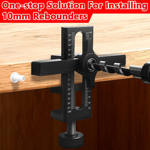 2-In-1 Cabinet Door Installation Jig Kit with adjustable metal mounting, quick hole opening, rebounder punch in action.