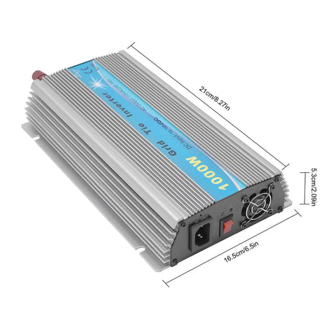 1000W Grid Tie Inverter For Solar Panels, Pure Sine Wave MPPT, 90V-140V Output, 22-50VDC Input, No Battery Needed, shown with dimensions