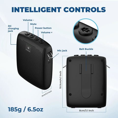 Wireless Voice Amp With Bluetooth Handheld Microphone For Teachers And Public Speaking, Portable PA System For Classrooms And Outdoor Events, 50ft Range With Cardioid Pickup, Compact Speaker Mic Set showing front and rear views with controls and belt clip.