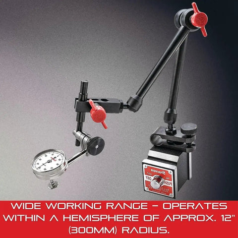 Pro Grade Magnetic Base Universal Indicator Holder With Three Pivots And Single Control Knob in black with red accents