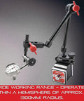 Magnetic Base Universal Indicator Holder With Triple Jointed Arm And Fine Adjustment, showing wide working range in workshop.