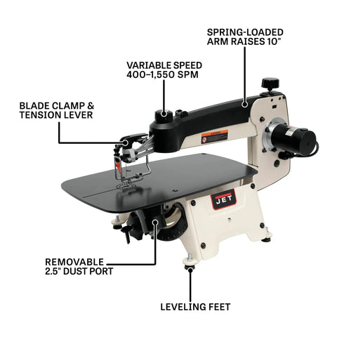 18 Inch Variable Speed Scroll Saw With 120V Power, Tilt Arm 45 Degrees Right And 30 Degrees Left, Removable Dust Port, Two And One Half Inch Port, Large Eleven And Five Eighths Inch By Twenty One Inch Steel Table, Vibration Free Precision Woodworking