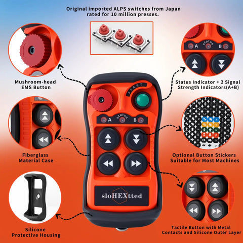 Two Speed Wireless Crane Remote Control Kit for 12-24V Systems with FHSS Technology, Ultra Stable Signal, Lag Free Commands, Heavy Duty Lifting Receiver Transmitter for Construction Equipment, orange remote