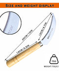 Grass Sickle With Sawtooth Japanese Weeding Hoe Hand Tool, 25cm steel blade, wooden handle, size and weight display