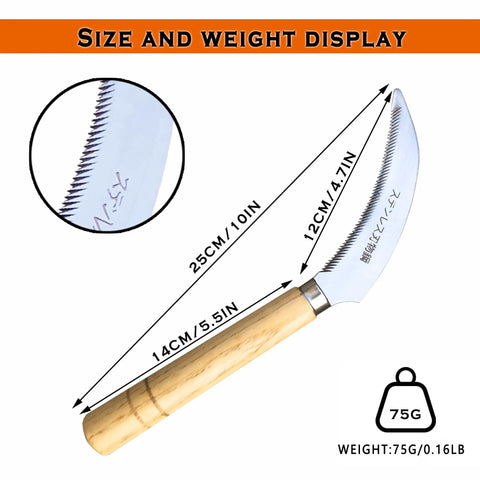 Grass Sickle With Sawtooth Japanese Weeding Hoe Hand Tool, 25cm steel blade, wooden handle, size and weight display