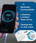 Type H Travel Power Adapter 3 Pack Grounded 3 Prong Plug beside a charging phone with 98% battery display