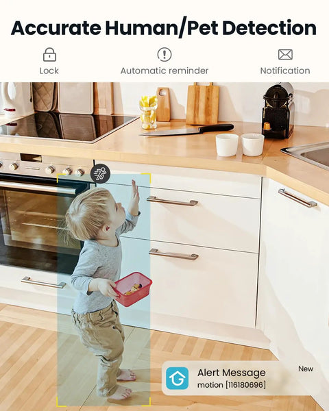 2K Indoor Security Camera System Dual Pack With 360 Degree Pan Tilt AI Tracking detecting child in kitchen.
