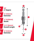 Heavy Duty 82 Degree Carbide Countersink Drill Bit, 1/4 Inch Hex Shank, showing dimensions and specifications for precision use.