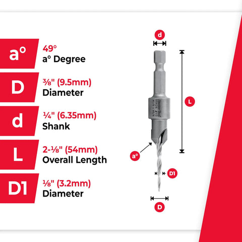 Heavy Duty 82 Degree Carbide Countersink Drill Bit, 1/4 Inch Hex Shank, showing dimensions and specifications for precision use.