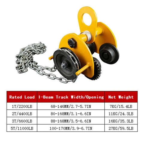 Heavy Duty Yellow Steel Push Beam Trolley For I-Beam Monorail 1-5 Ton Capacity With 3m Chain Four Durable Wheels And Gear Driven Workhorse Movement Built For Easy Smooth Transport, 68-170mm track