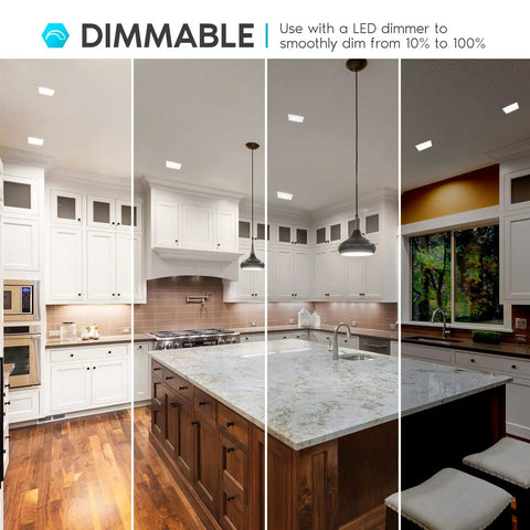 4 Pack 4 Inch Square LED Flush Mount Ceiling Light Fixtures, 10W Dimmable, 600 Lumens in various color temperatures in a kitchen.