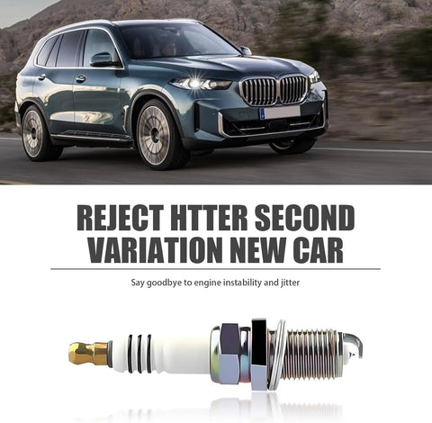 Car driving with a spark plug below, promoting the 4 Pack Spark Plugs Replacement BKR5EIX11 5464 Spark Plug Set For Audi Q7 Volkswagen CC And Toyota Yaris 2009 Boosts Gas Mileage And Engine Longevity For Maximum Performance