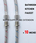Heavy Duty Faucet Water Supply Line Extension With Three Eighths Male To Female Connectors And Rock Solid Stainless Steel Braided Sleeve for 10 inch length in bathroom and kitchen.