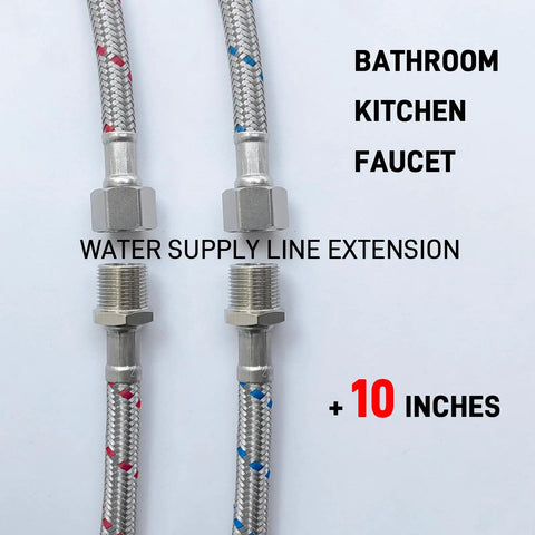 Heavy Duty Faucet Water Supply Line Extension With Three Eighths Male To Female Connectors And Rock Solid Stainless Steel Braided Sleeve for 10 inch length in bathroom and kitchen.