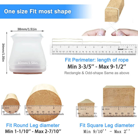 Square and Round Chair Leg Protectors with Felt and Silicone Covers showing dimensions and fit for various leg shapes.