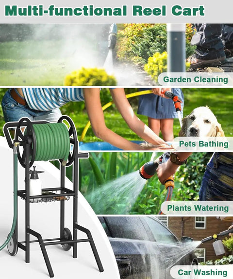 Multi-functional Two Wheel Hose Reel Cart for Garden Cleaning, Pets Bathing, Plants Watering, and Car Washing.