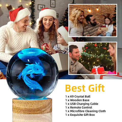 Lit 3D Axolotl Crystal Ball Night Light With 16 Color LED And Wooden Base showing family opening gifts and enjoying holidays.