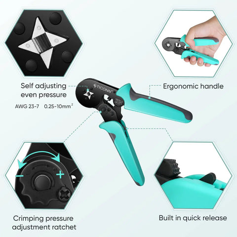 Ferrule Crimping Tool Kit With 1200 Ferrules And Insulated Wire Terminals Self Adjusting Ratchet Wire Crimper For AWG 23 To 7 showcasing ergonomic handle and features