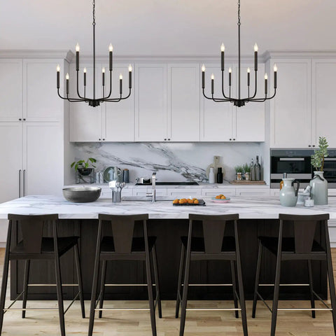 8 Light Black Farmhouse Chandelier Ceiling Light Fixture for dining room over kitchen island.