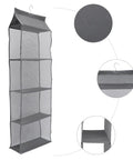 Rock Solid Four Layer Closet Hanging Shelf With Sturdy Hook Nonwoven Mesh Bag Organizer Space Saver showing breathable fabric and grey color.