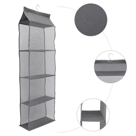 Rock Solid Four Layer Closet Hanging Shelf With Sturdy Hook Nonwoven Mesh Bag Organizer Space Saver showing breathable fabric and grey color.