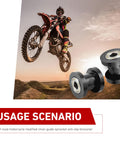 Two Pack Chain Tensioner Guides For 0.3 And 0.4 Inch Chains With Rolling Wheel Pulley Wheel Guide For Dirt Bikes Motorcycles And Bicycles Durable Design For Rough Trails And Everyday Riding shown next to a biking scenario.