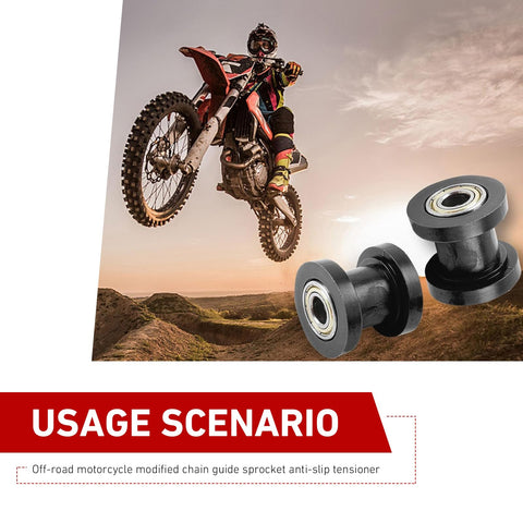 Two Pack Chain Tensioner Guides For 0.3 And 0.4 Inch Chains With Rolling Wheel Pulley Wheel Guide For Dirt Bikes Motorcycles And Bicycles Durable Design For Rough Trails And Everyday Riding shown next to a biking scenario.