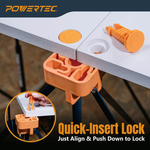 Close-up of Arachni-Flex 24 By 48 Inch Waterproof PVC Foldable Workbench Tabletop with Quick-Insert Lock mechanism.