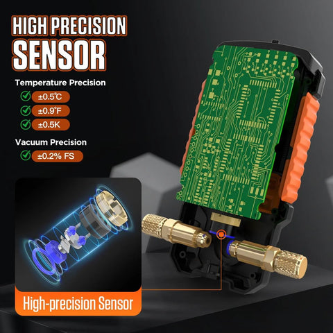 Digital Vacuum Gauge Pro front view: HVAC vacuum meter with green circuit board and brass fittings