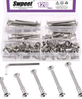120Pcs M6x35mm 45mm 55mm 65mm 75mm Nickel Plated Silver Hex Drive Socket Cap Bolts And Barrel Nuts Kit with Allen Wrench displayed