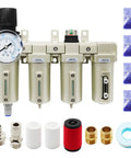 Heavy Duty Four Stage Compressed Air Dryer With Lightning Auto Drain Straight Up Built Tough, includes filtration unit and accessories.