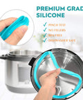 Hand holding blue silicone sealing ring for 6 Qt pressure cookers next to Instant Pot, showcasing durability and fit.