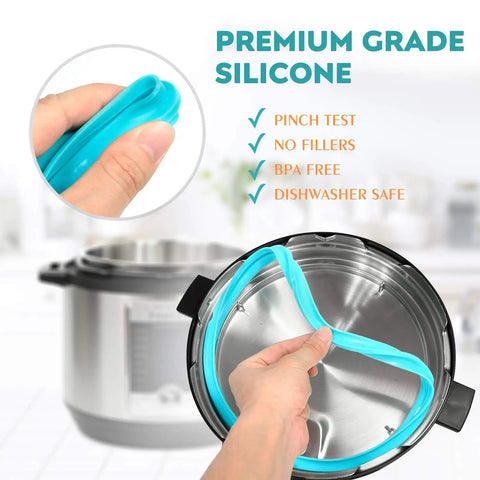 Hand holding blue silicone sealing ring for 6 Qt pressure cookers next to Instant Pot, showcasing durability and fit.