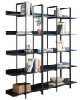 Five Tier Industrial Bookshelf With Extra Wide Open Shelves MDF Panels Heavy Duty Steel Frame Anti Tip Kit in a living room setting