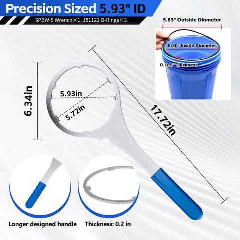 Diagram showing the Heavy Duty Metal Water Filter Wrench And 3 Pack 151122 Buna-N O-Rings Go-To Replacement Kit dimensions.