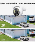 Comparison image of a 2K Solar Security Camera Outdoor Wireless 2 Pack With 360 Degree Pan Tilt Color Night Vision Easy Install PIR Motion Alarm Two Way Audio Solar Panel Powered Battery Weatherproof WiFi Surveillance System showing enhanced resolution against a standard 1080P camera.