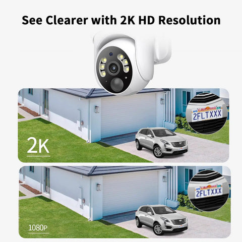 Comparison image of a 2K Solar Security Camera Outdoor Wireless 2 Pack With 360 Degree Pan Tilt Color Night Vision Easy Install PIR Motion Alarm Two Way Audio Solar Panel Powered Battery Weatherproof WiFi Surveillance System showing enhanced resolution against a standard 1080P camera.