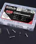 410 Stainless Steel Self Drilling Screws Kit For Metal With Wafer Head Phillips Drive Six Size Assortment From Ten By Half Inch To Ten By One And A Half Inch 200 Count Pack For Sheet Metal Tek Screws in transparent case with scattered screws