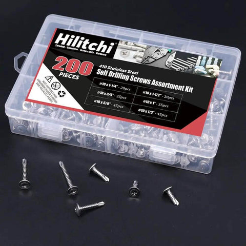 410 Stainless Steel Self Drilling Screws Kit For Metal With Wafer Head Phillips Drive Six Size Assortment From Ten By Half Inch To Ten By One And A Half Inch 200 Count Pack For Sheet Metal Tek Screws in transparent case with scattered screws