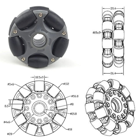 Robot car chassis omni-wheel hub with 58mm nylon wheels, gray center, black rollers.