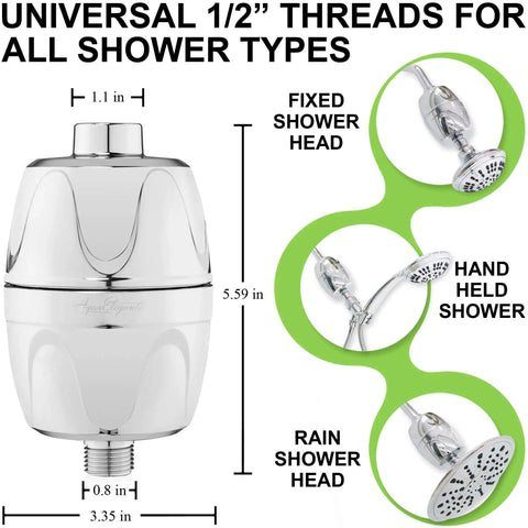Chlorine Removing Shower Water Filter System With Replacement Cartridge dimensions and compatibility with various shower heads