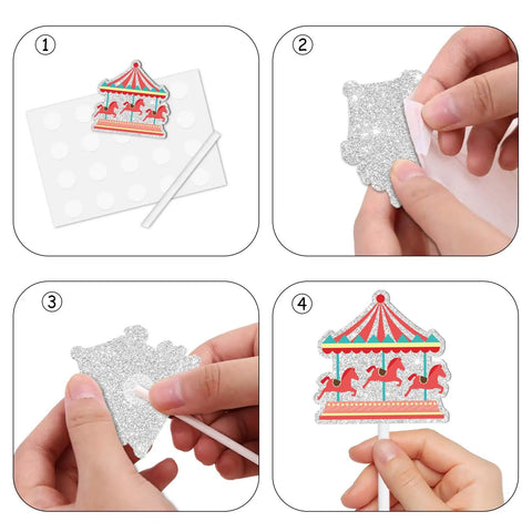 18 Pieces Red Glitter Fireworks Cupcake Toppers for Circus Theme Parties, assembly of carousel topper on food-grade stick