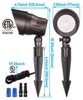 Eight Pack Low Voltage LED Landscape Spotlight Set 5W 12V Outdoor Pathway Lights CRI90 Aluminum Waterproof IP65 Oil Rubbed Bronze Finish For Garden And Yard Accent Lighting ETL Listed with dimensions and components shown.