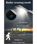 Radar sensing mode illustration showing JUDYSSY Solar Street Lights Outdoor, 100W 200W 300W 500W with sensing angle and distance.